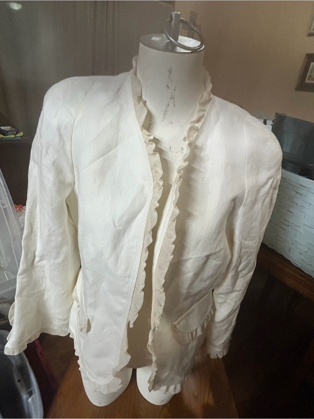 Anne Klein Cream Ruffle-Trim Blazer